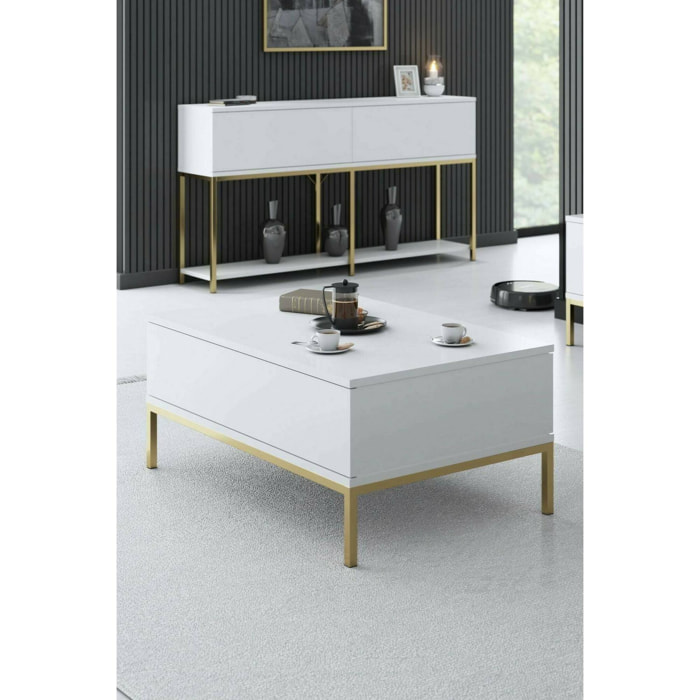 Tavolino da salotto Vespero, Tavolo basso da caffè, Portariviste per divano, Ripiano da soggiorno, 90x60h40 cm, Bianco e Oro