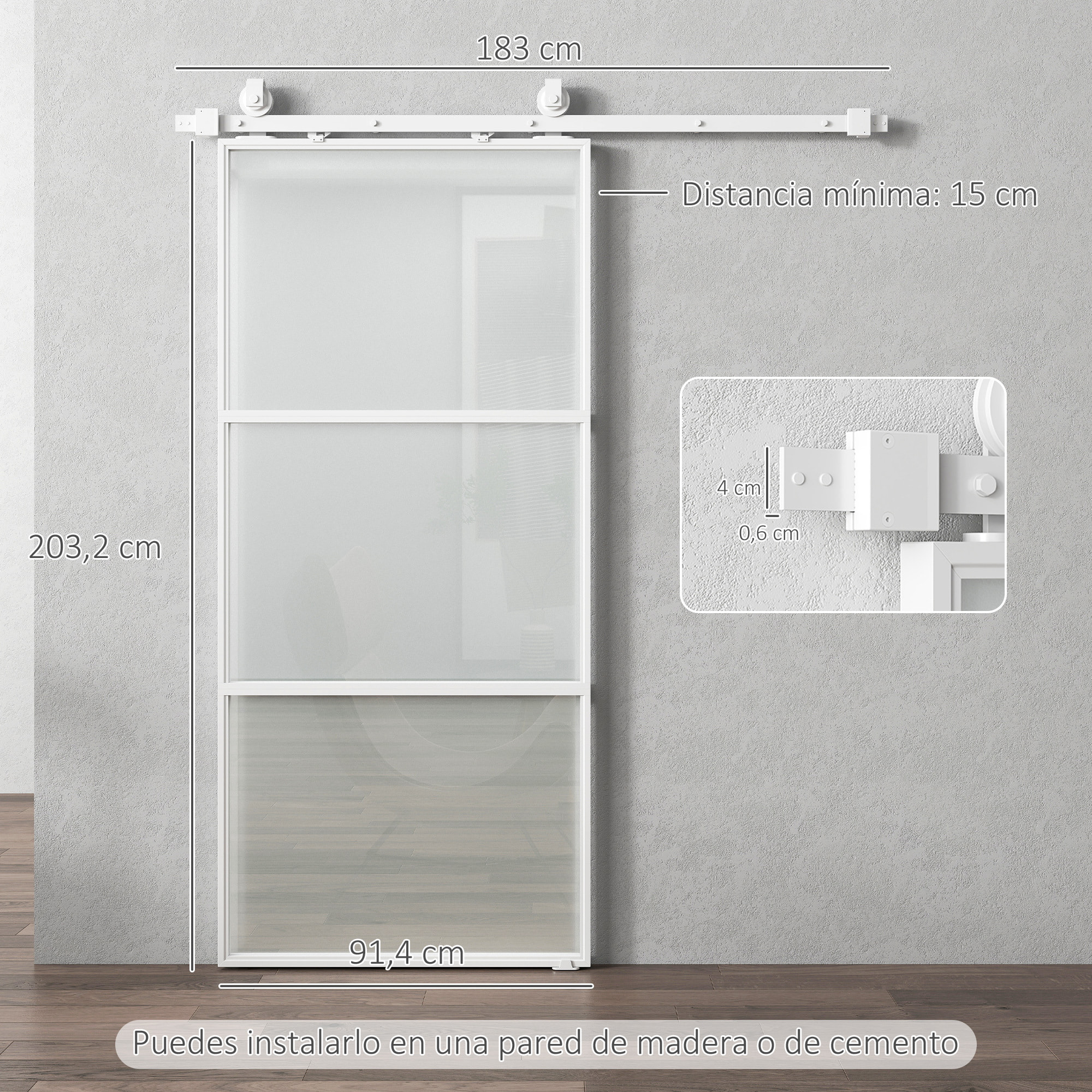 Puerta Corredera con Herrajes Puerta Corredera de Cristal con Mecanismo Cierre Suave para Baño Salón Sala de Estar Cocina 91,4x203,2 cm Blanco