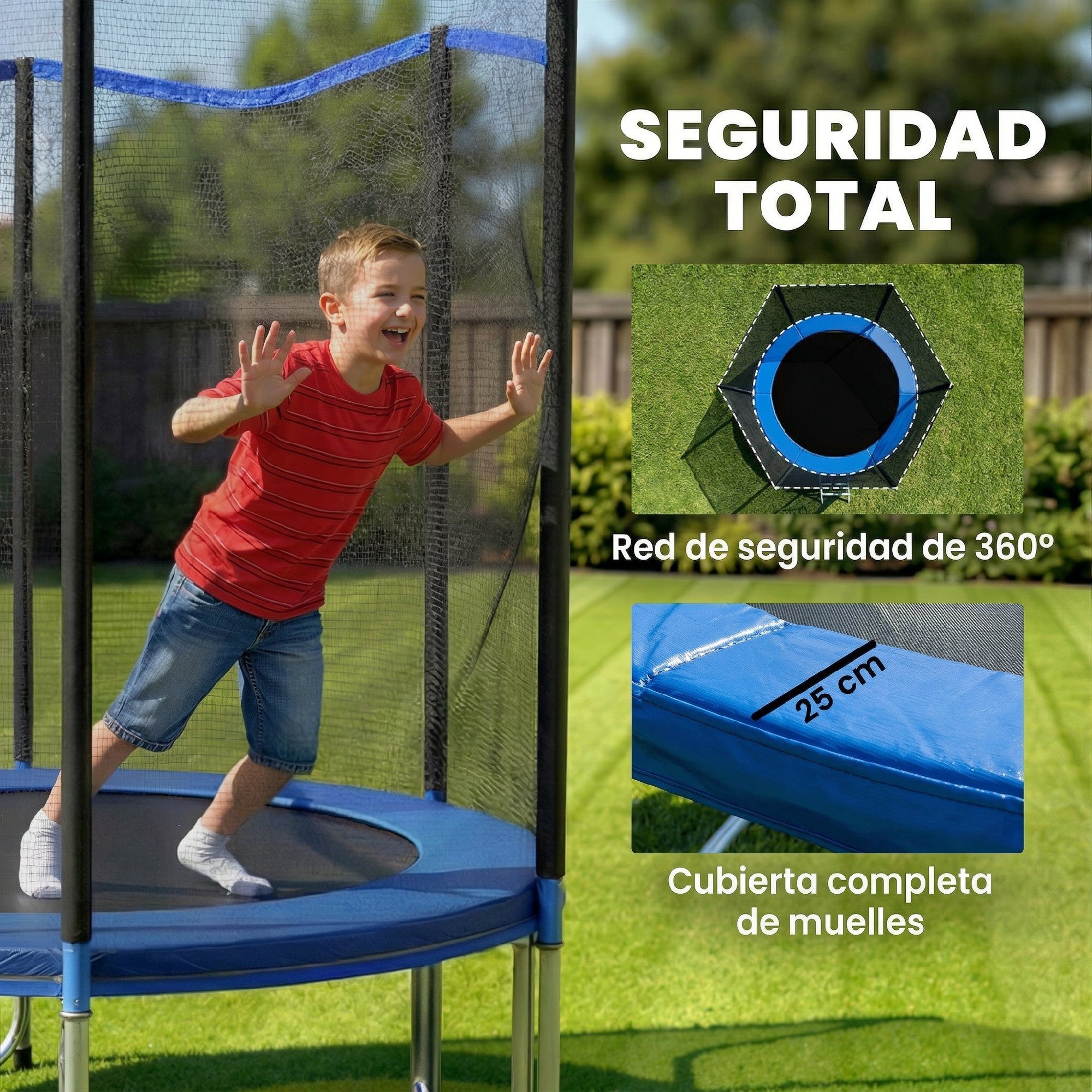 Cama Elástica para Niños Exterior Ø183 cm, Trampolín para Niños de +6 Años con Red de Seguridad, Escalera, Acolchado de Muelles y Marco de Acero Galvanizado, Carga 80 kg