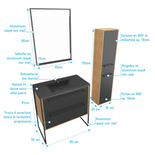 Meuble de salle de bain 80x50cm - vasque noir effet pierre -tiroirs noir mat + colonne + mirroir