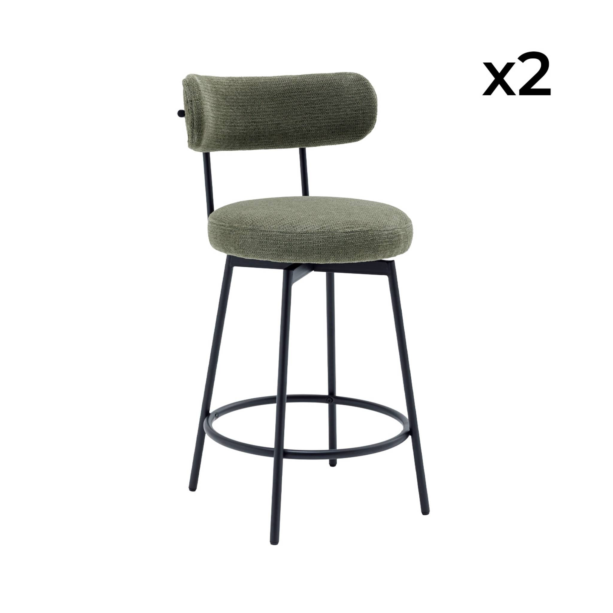 Lot de deux tabourets de bar assise rotative métal noir et tissu vert - L 50 x P 50 x H 92cm - Iris