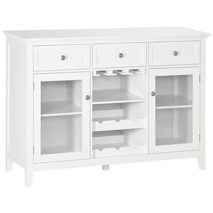 Aparador de Cocina Mueble Buffet Auxiliar con 2 Puertas de Vidrio 3 Cajones Botellero para 6 Botellas y Estante para 15 Copas para Comedor Salón Estilo Moderno Antivuelco 120x40x87 cm Blanco