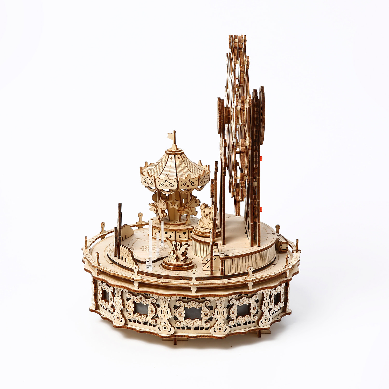 Maqueta de Madera 3D, con movimiento mecánico diseño Parque de atracciones de ensueño con luz y música. 370 piezas.