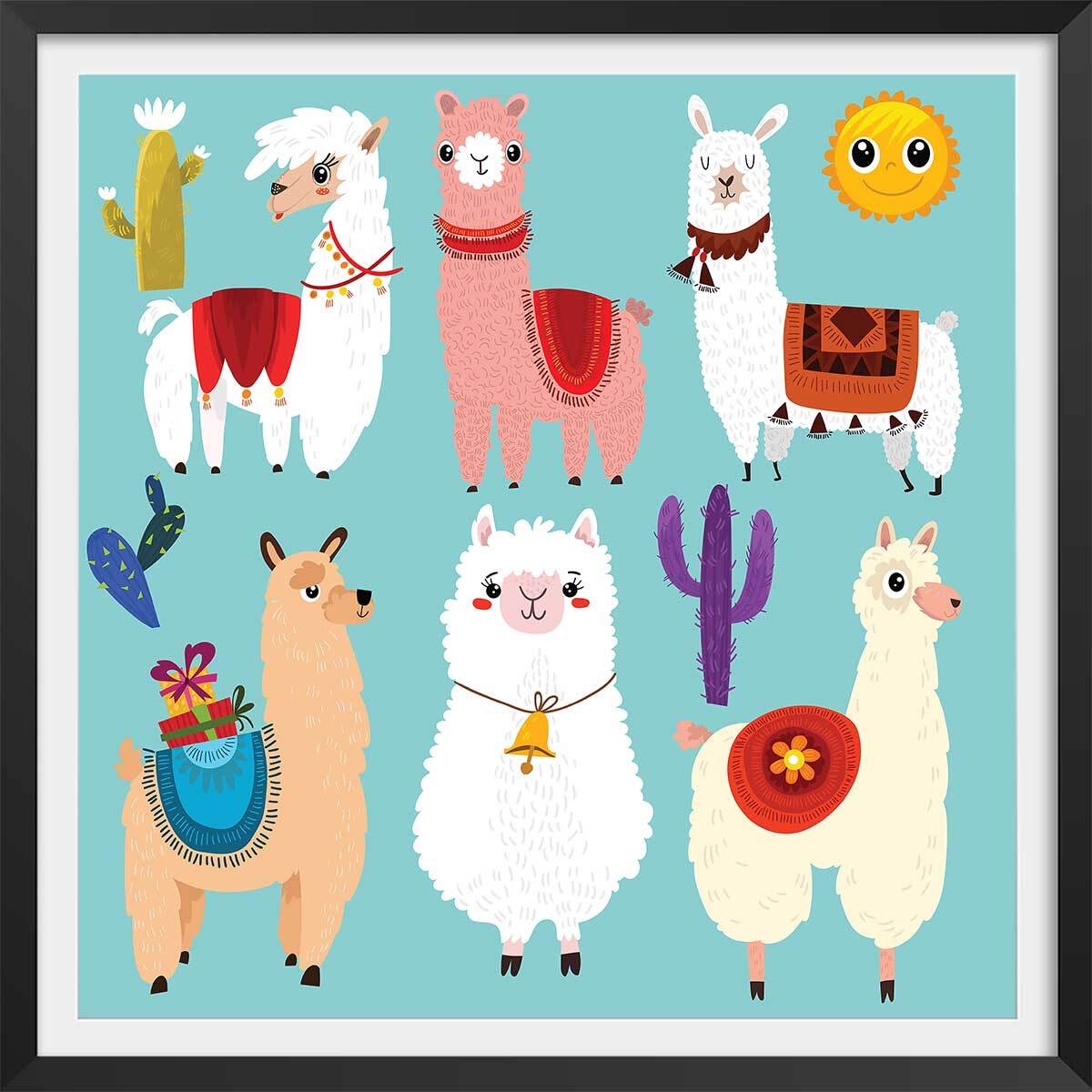 Affiche enfant lamas cartoon alpaga Affiche sous cadre noir