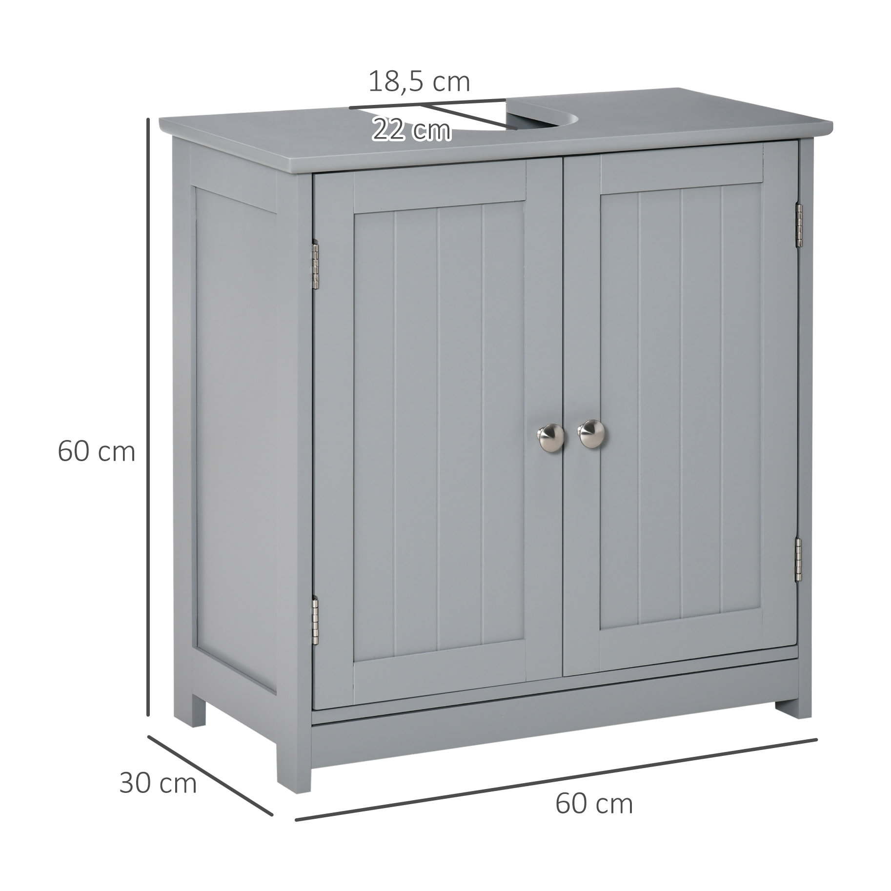 Meuble vasque - meuble sous-vasque - 2 portes rainurées avec étagère réglable - poignées métal chromé - dim. 60L x 30l x 60H cm - MDF gris