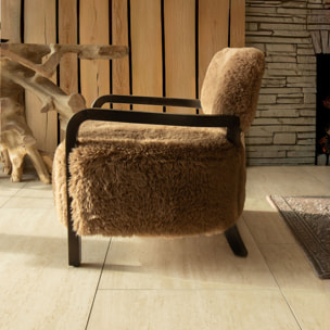 Fauteuil effet fourrure marron et structure en bois  YACK