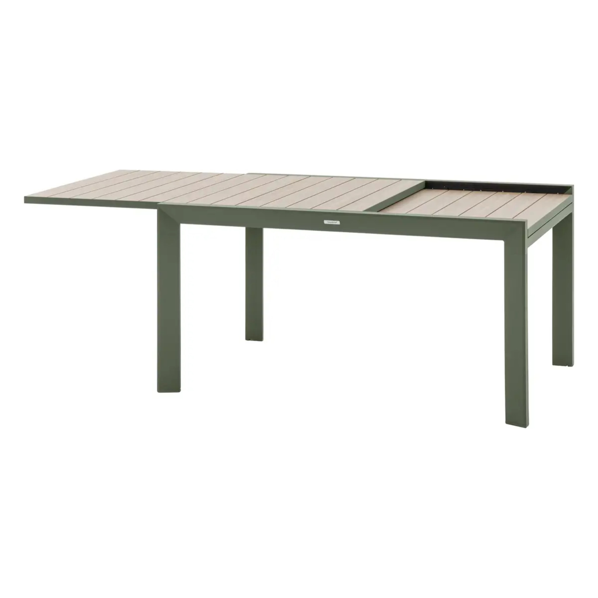 Table de jardin extensible coulissante "Évasion" effet bois lin & vert laurier 10 places lates en aluminium