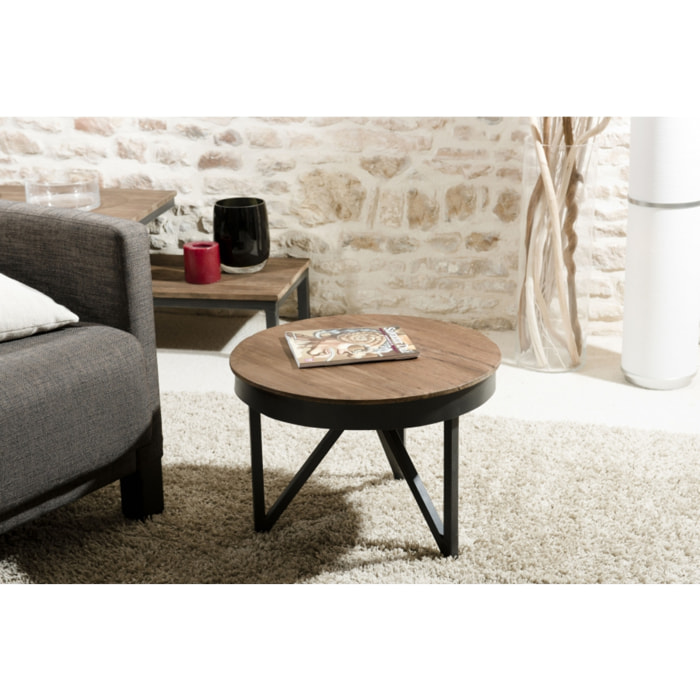 ALIDA - Table basse ronde d'appoint 50x50cm plateau teck recyclé pied métal noir