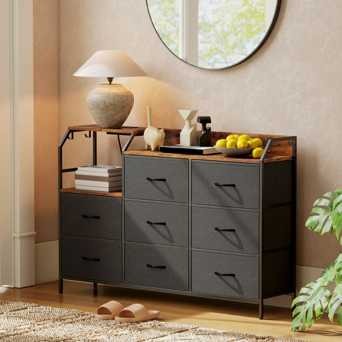 Commode 8 tiroirs non tissés anthracite station de recharge intégré acier noir effet bois vieilli