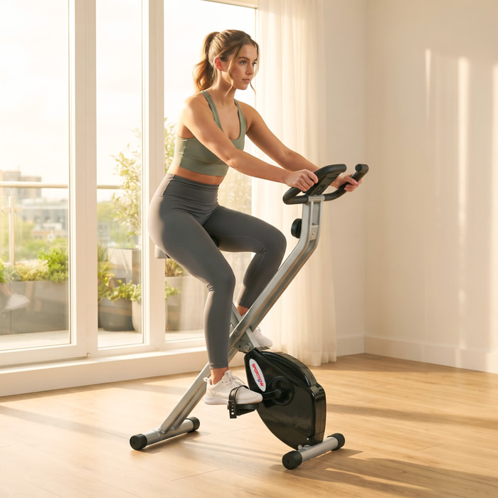 SPORTNOW Bicicleta Estática Plegable, Bicicleta Estática Casa Silenciosa con 8 Niveles Resistencia Magnética, Monitor LCD, Asiento Ajustable, Volante, Sensor Ritmo, Soporte Teléfono y Ruedas, Gris