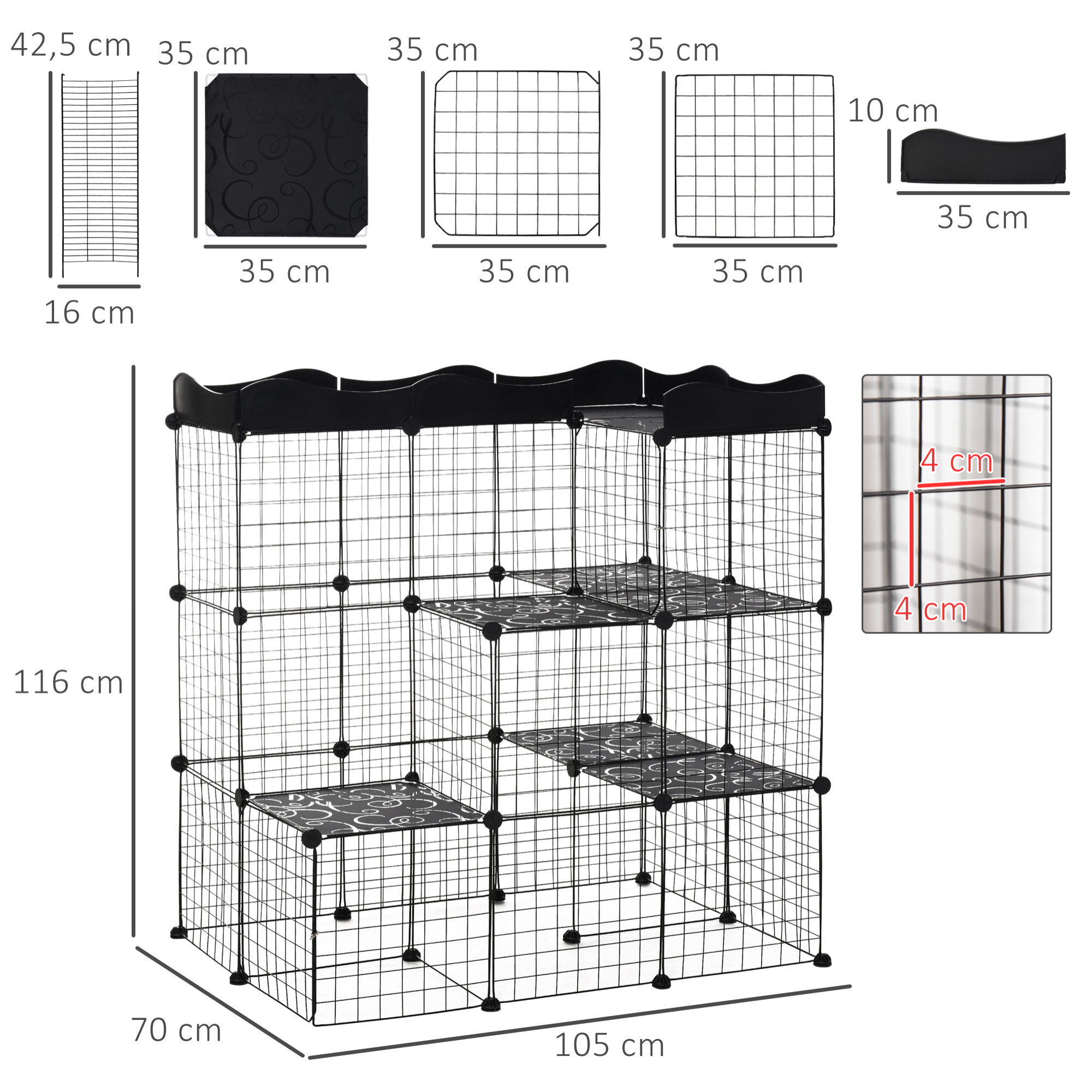 Cage parc enclos chat modulable dim. L105 x l70 x H105 cm 3 niveaux 2 portes rampe plateformes PE motif graphique fil métallique noir