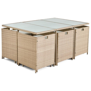 Fira – salon de jardin encastrable en résine tressée beige - 10 places - coussins beige + housse de protection - Beige