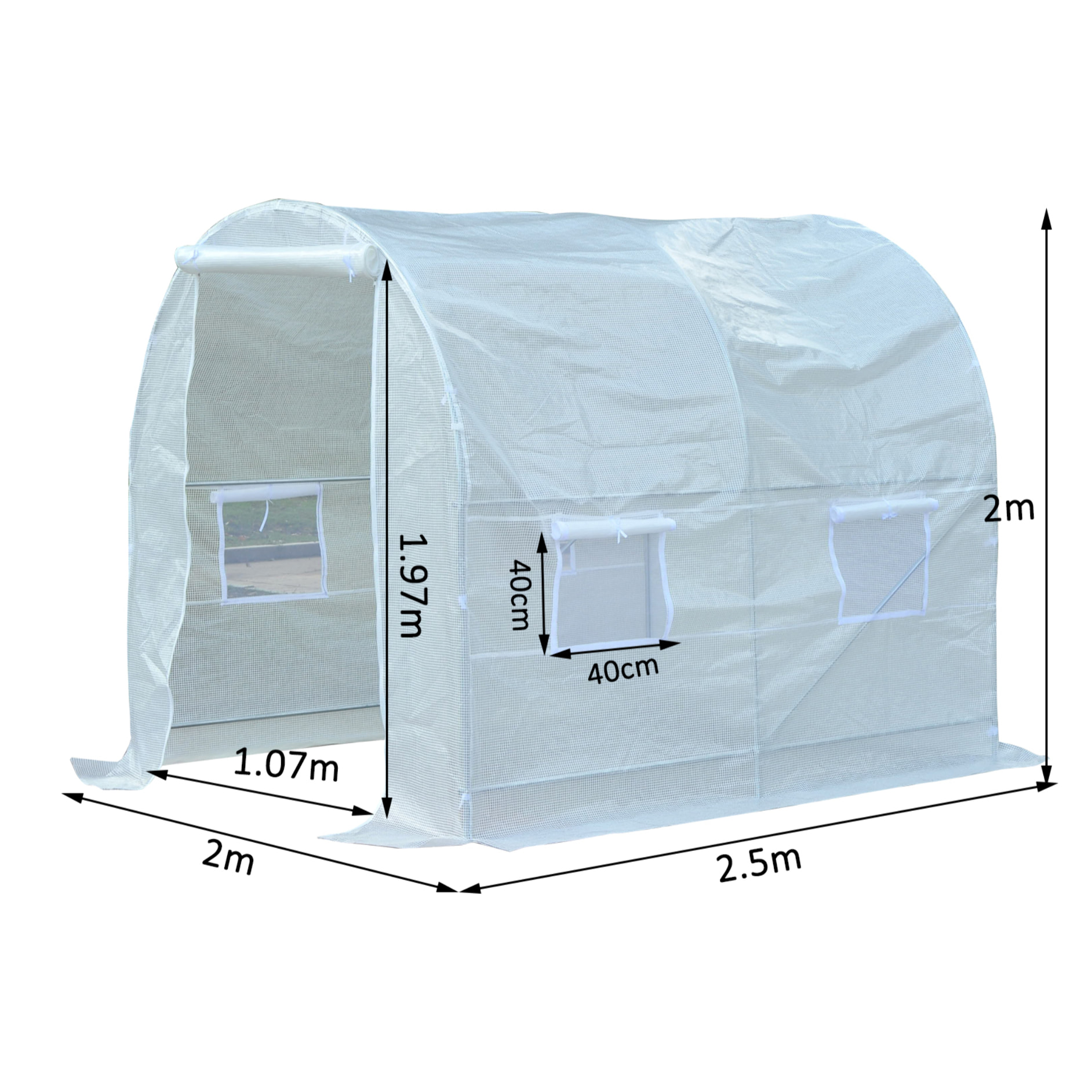 Serre de jardin tunnel surface sol 5 m² 2,5L x 2l x 2H m châssis tubulaire renforcé 18 mm 4 fenêtres blanc