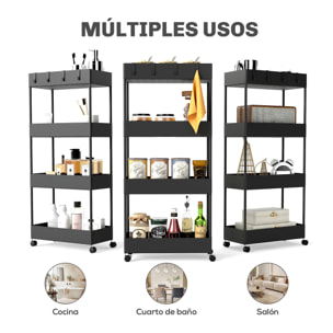 Carro de Cocina de Almacenamiento de 4 Niveles Carrito Auxiliar con Ruedas 4 Cestas y 4 Ganchos Extraíbles Carrito de Cocina para Comedor Baño Salón 40x19x90 cm Negro