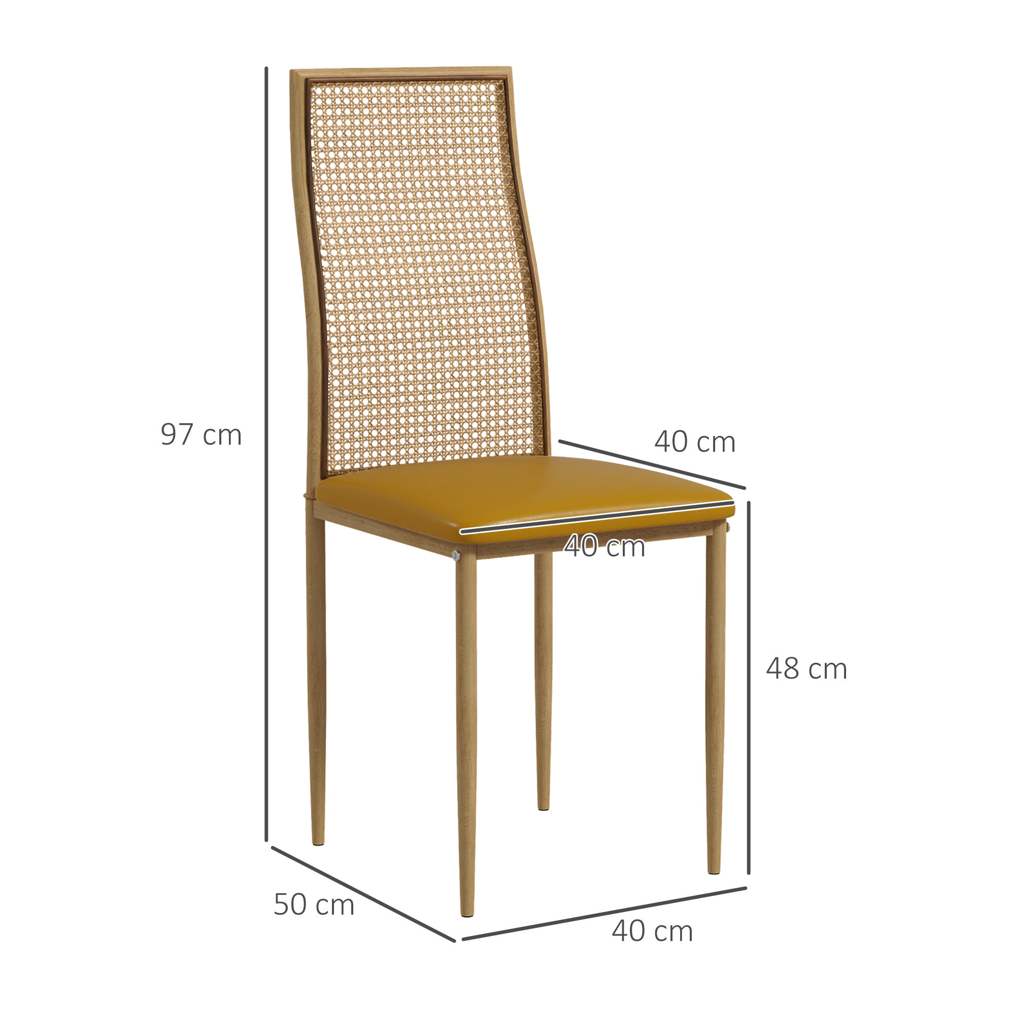 Juego de 2 Sillas de Comedor Sillas de Cocina Modernos con Respaldo de Ratán PE Asiento Tapizado de Cuero PU y Patas de Acero 40x50x97 cm Ocre