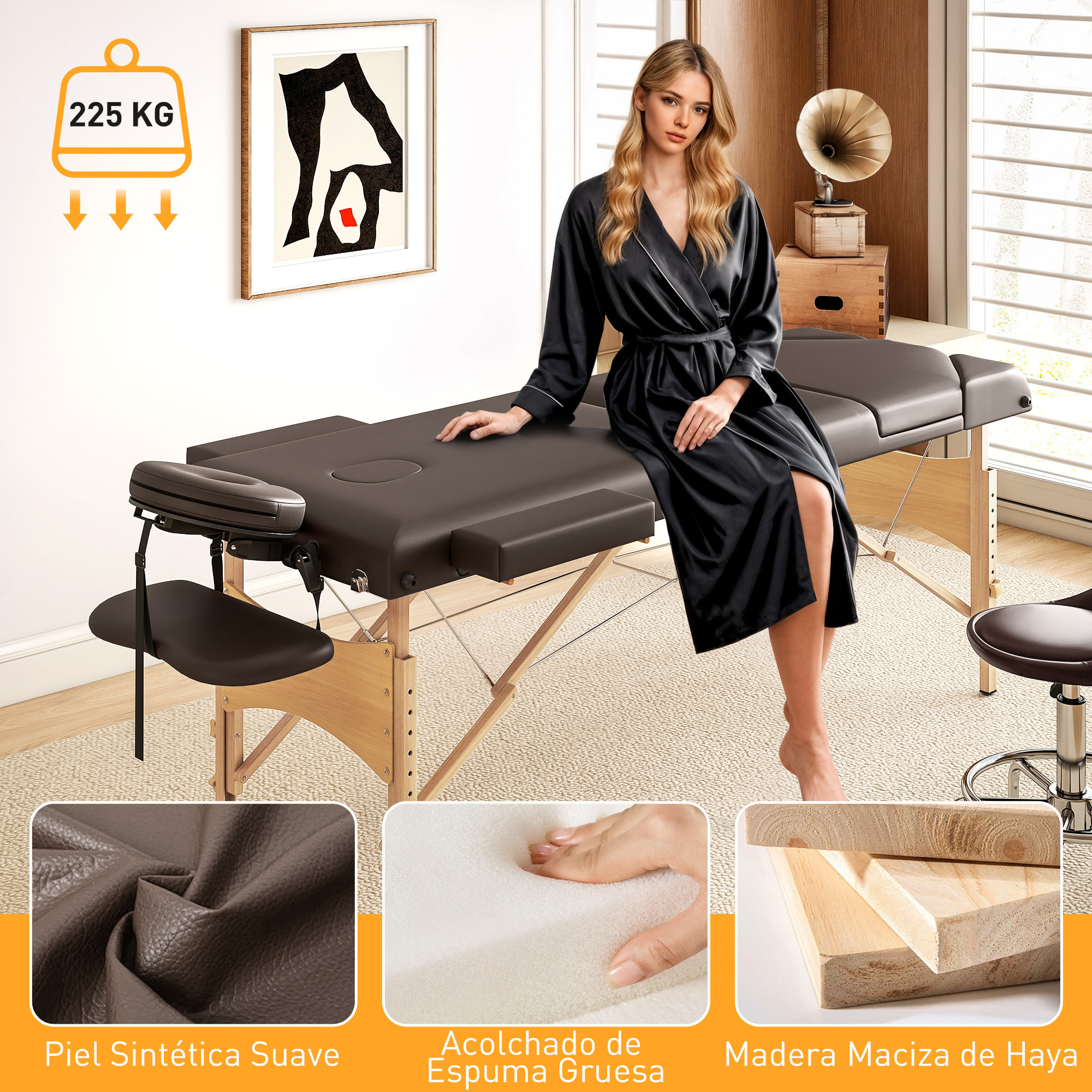 Camilla Masaje Plegable Portátil Camilla Estética Profesional de Madera de 3 Zonas con Altura, Respaldo, Soporte para Piernas, Reposacabezas Ajustables Brazos Acolchados 215x60x64-89 cm Marrón