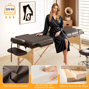 Camilla Masaje Plegable Portátil Camilla Estética Profesional de Madera de 3 Zonas con Altura, Respaldo, Soporte para Piernas, Reposacabezas Ajustables Brazos Acolchados 215x60x64-89 cm Marrón