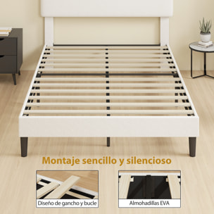 Cama Tapizada en Borreguito, 135x190 cm, Cama Matrimonio con Cabecero Ajustable en Altura, Listones de Madera, Blanco