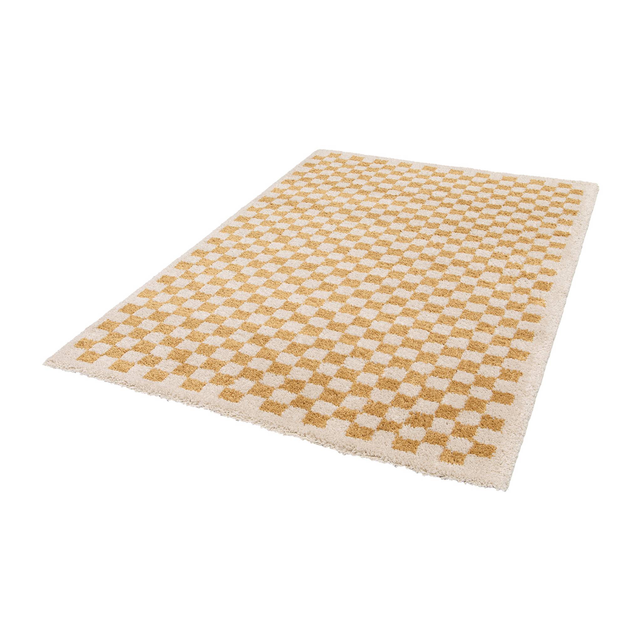Tapis intérieur shaggy damier jaune moutarde et crème TAYLOR