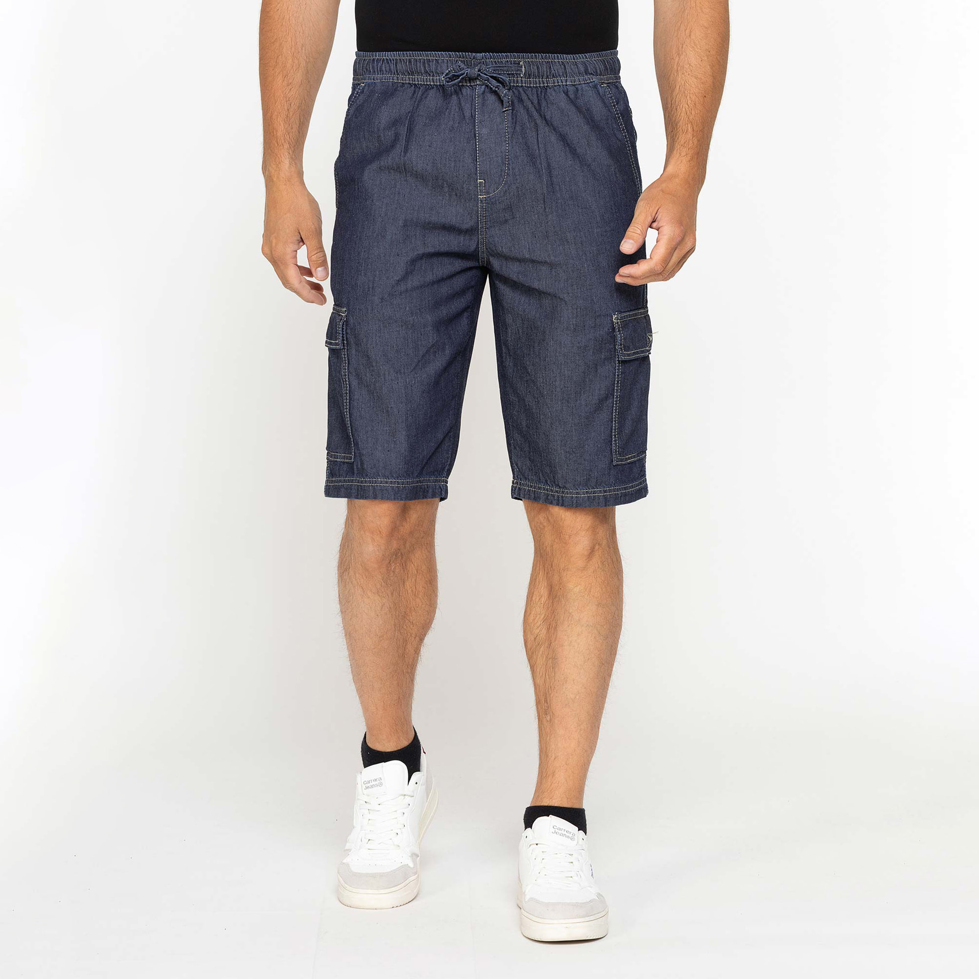 BERMUDA DI JEANS CON TASCONI LATERALI ED ELASTICO IN VITA