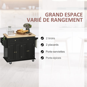 Desserte de cuisine multi rangements 2 tiroirs 2 placard 2 portes avec étagère range-bouteille porte-torchons MDF noir hévéa