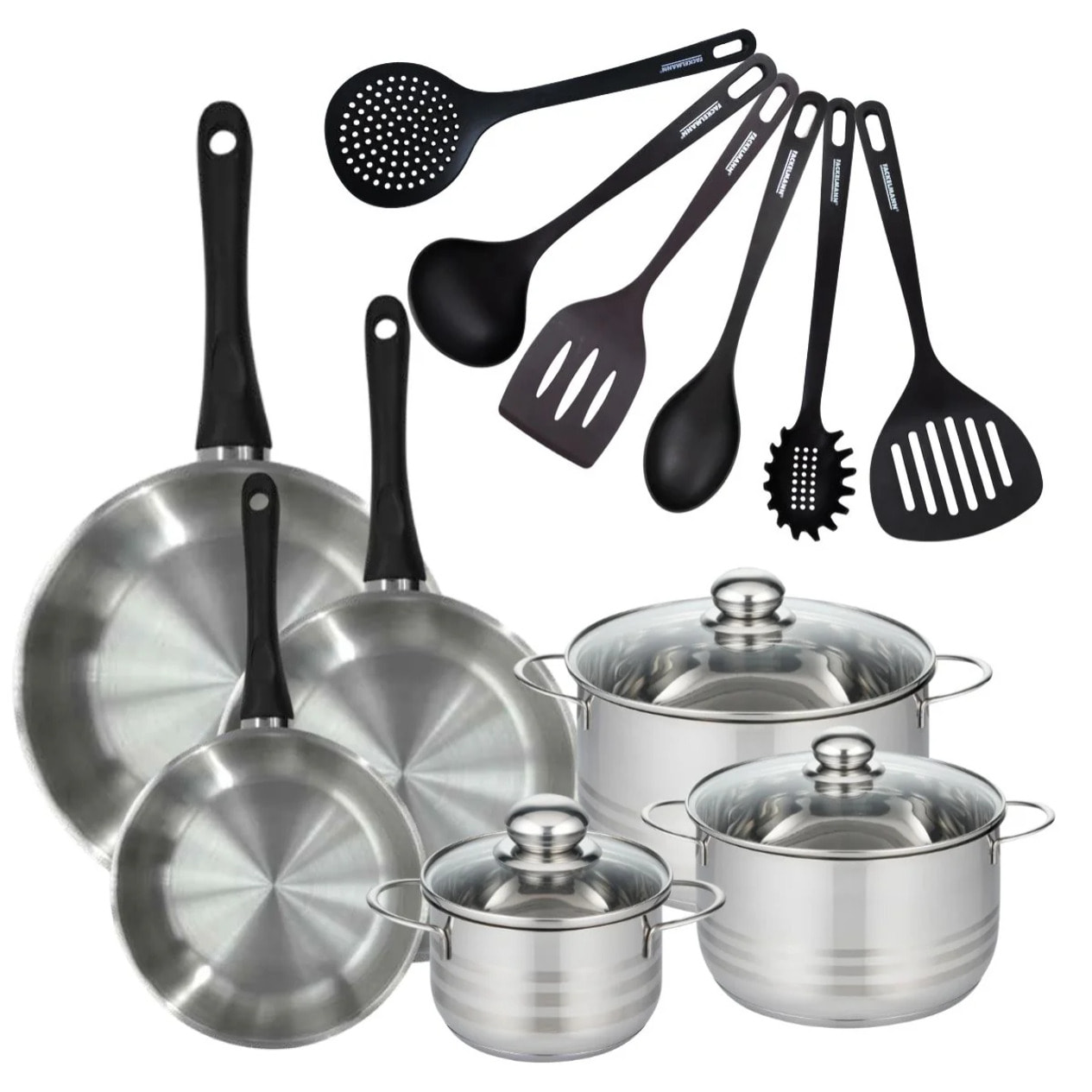 Set de 3 poêles 20, 24 et 28 cm en inox, 3 faitouts inox 16, 20 et 24 cm et 6 ustensiles RPET Fackelmann Geneva