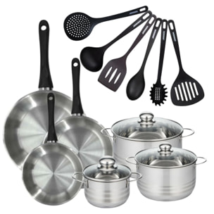 Set de 3 poêles 20, 24 et 28 cm en inox, 3 faitouts inox 16, 20 et 24 cm et 6 ustensiles RPET Fackelmann Geneva
