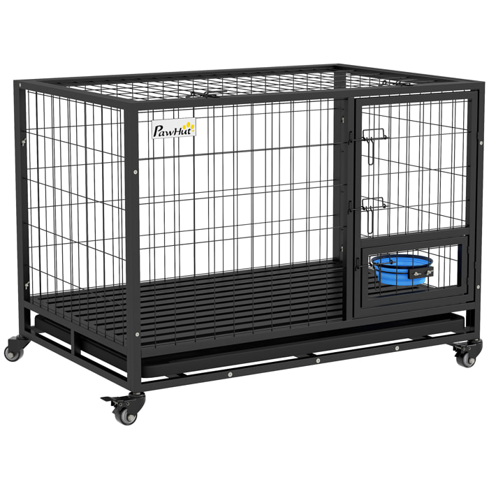 Jaula para Perros Jaula para Perros Grandes con Tapa Superior Abatible Soporte de Cuenco Bandeja Extraíble Ruedas y Puerta Doble Desmontable 109x72x79 cm Negro