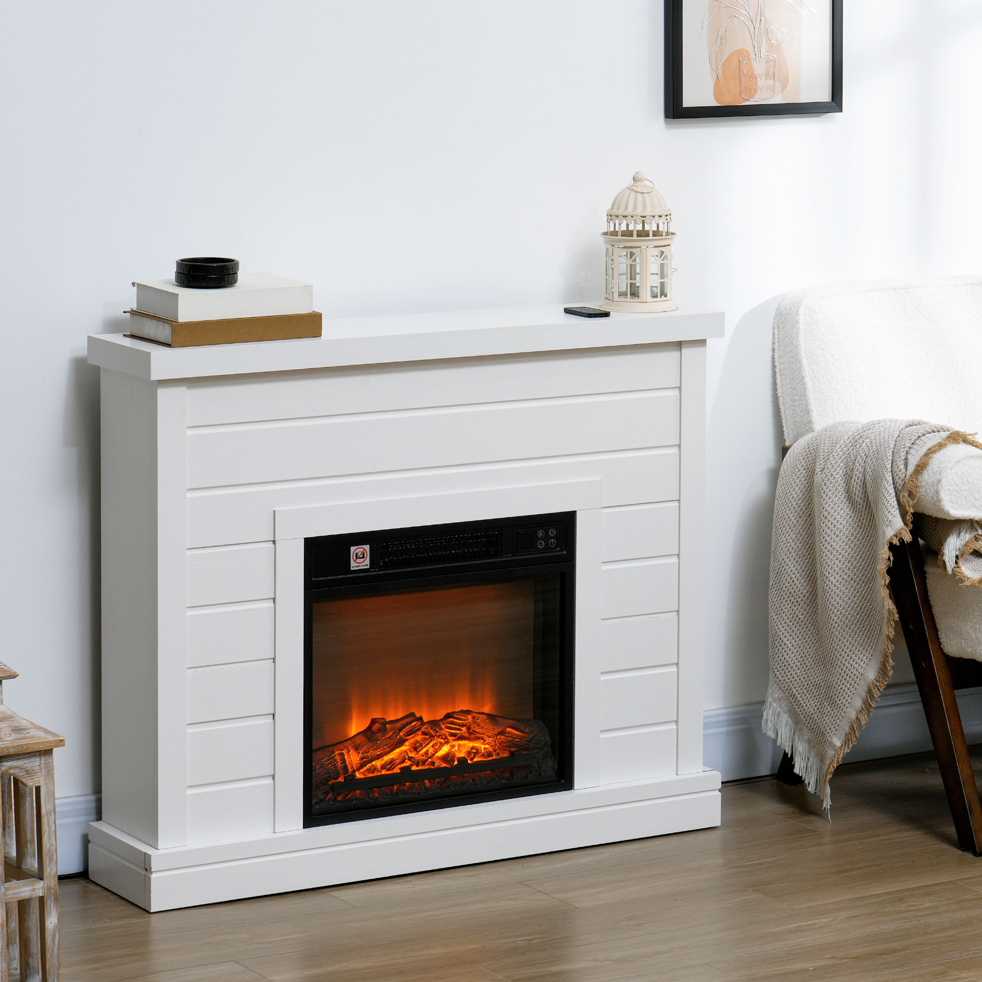 Chimenea Eléctrica 1800W Chimenea Decorativa con Efecto de Llama Mando a Distancia Temporizador Semanal Protección Contra Sobrecalentamiento para Sala 30 m² Blanco