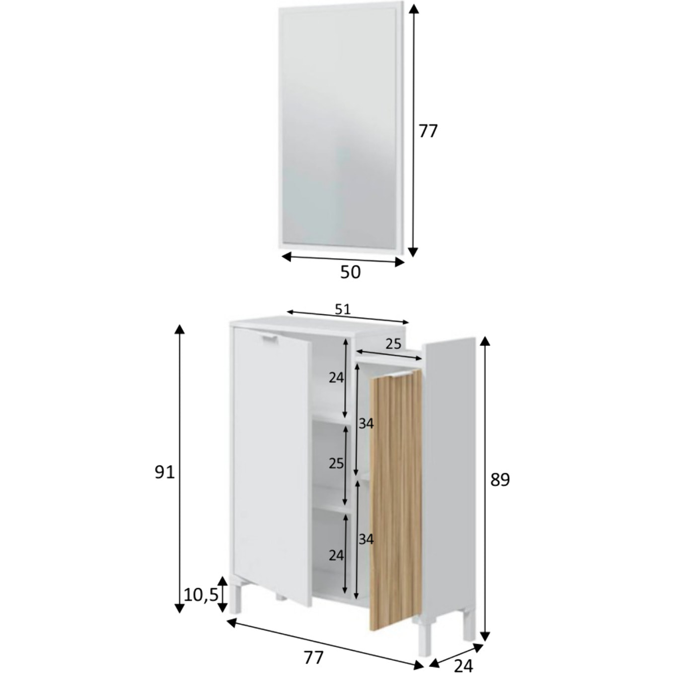 Mobile Da Ingresso Corridoio Con Specchio Set Casa Salvaspazio Entratina Ripiani Per Scarpe Chiavi Accessori Design Moderno 91x77x24 Cm Bianco Rovere