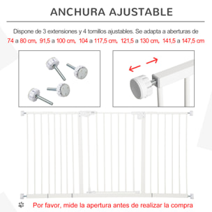 Barrera de Seguridad Extensible para Puertas y Escaleras Barrera para Perros con Cierre Automático y Sistema de Doble Bloqueo Metal 74-147,5x76,2 cm Blanco