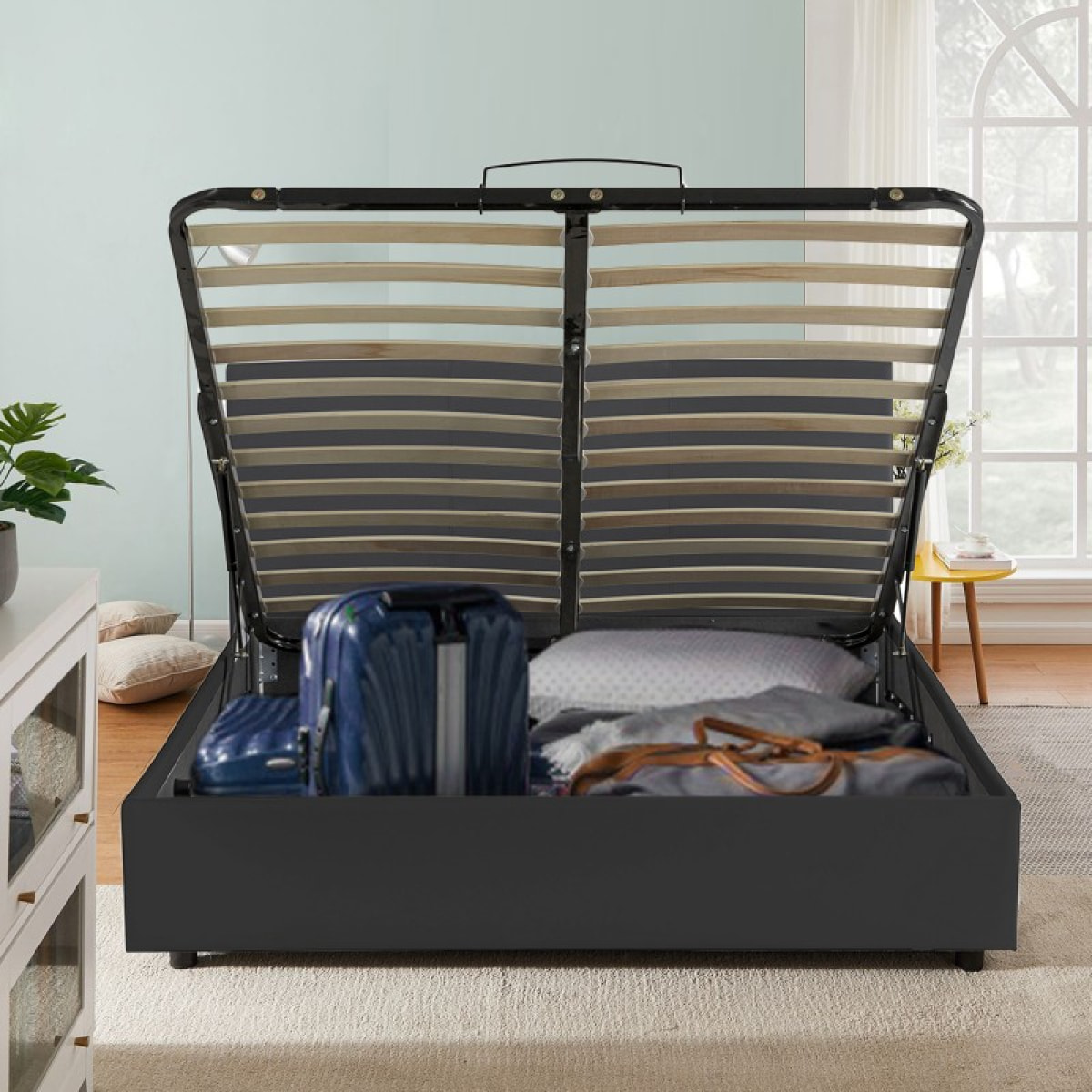 Lit coffre sommier relevable noir + Matelas Memoire de Forme | Modele Venise Simili Cuir | Grande capacite de stockage