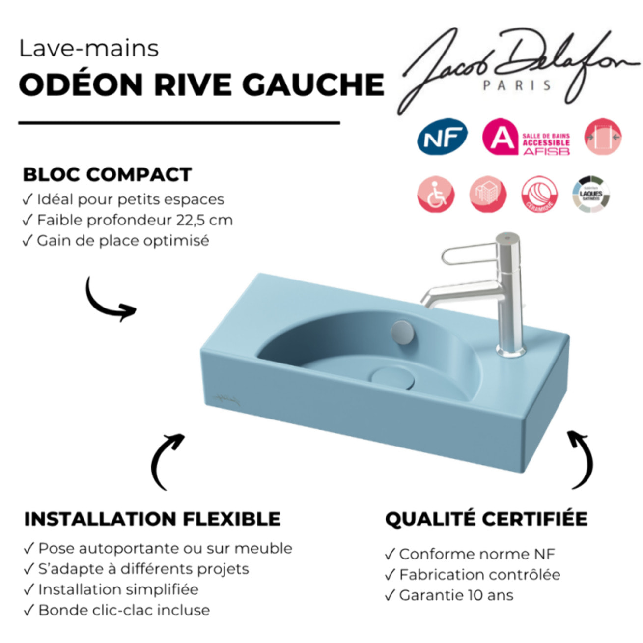 Lave-mains compact 50 cm Odéon Rive Gauche 1 trou de robinetterie à droite Aigue marine satiné avec bonde
