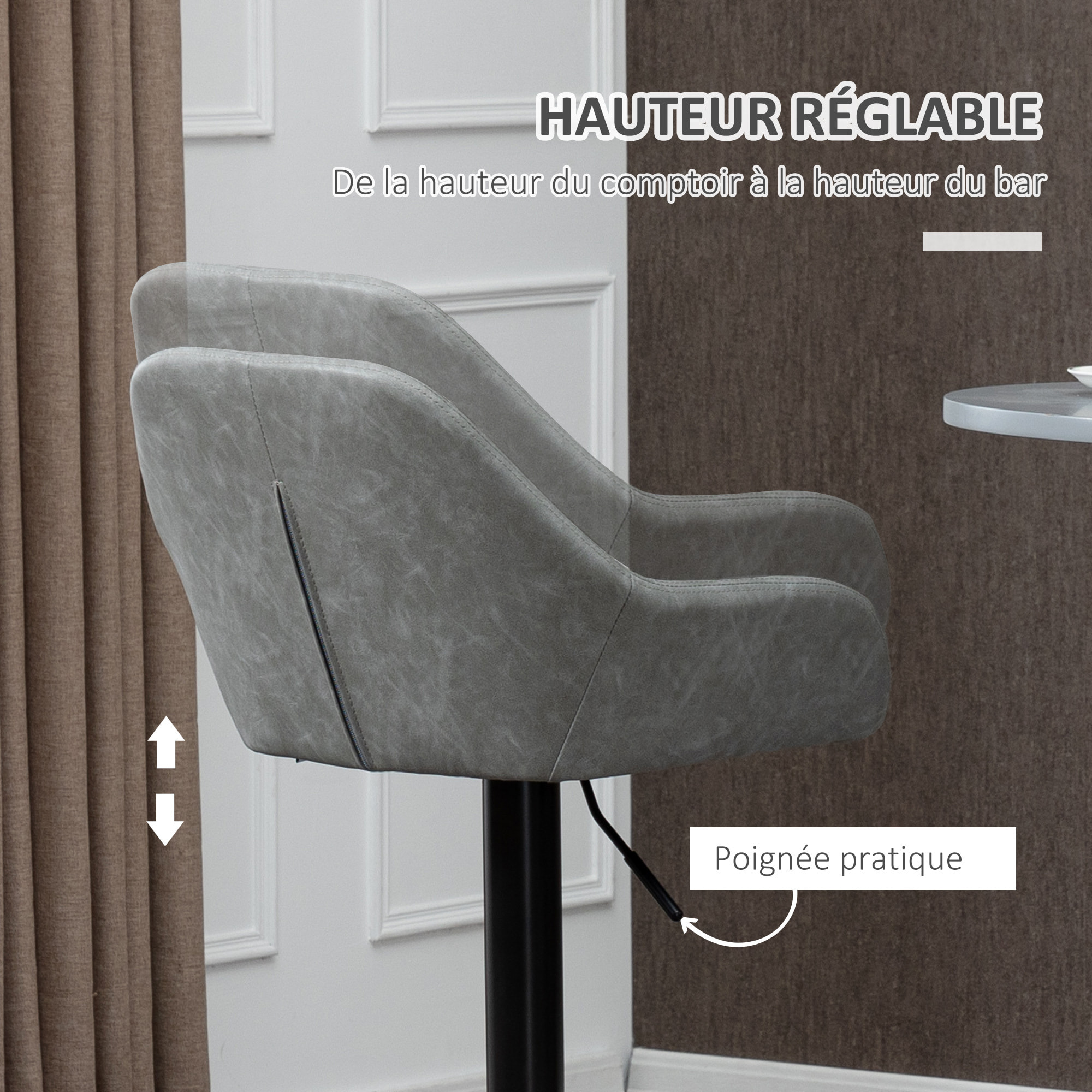 Lot de 2 tabourets de bar design - chaises de bar réglables pivotantes - acier noir synthétique effet vieilli