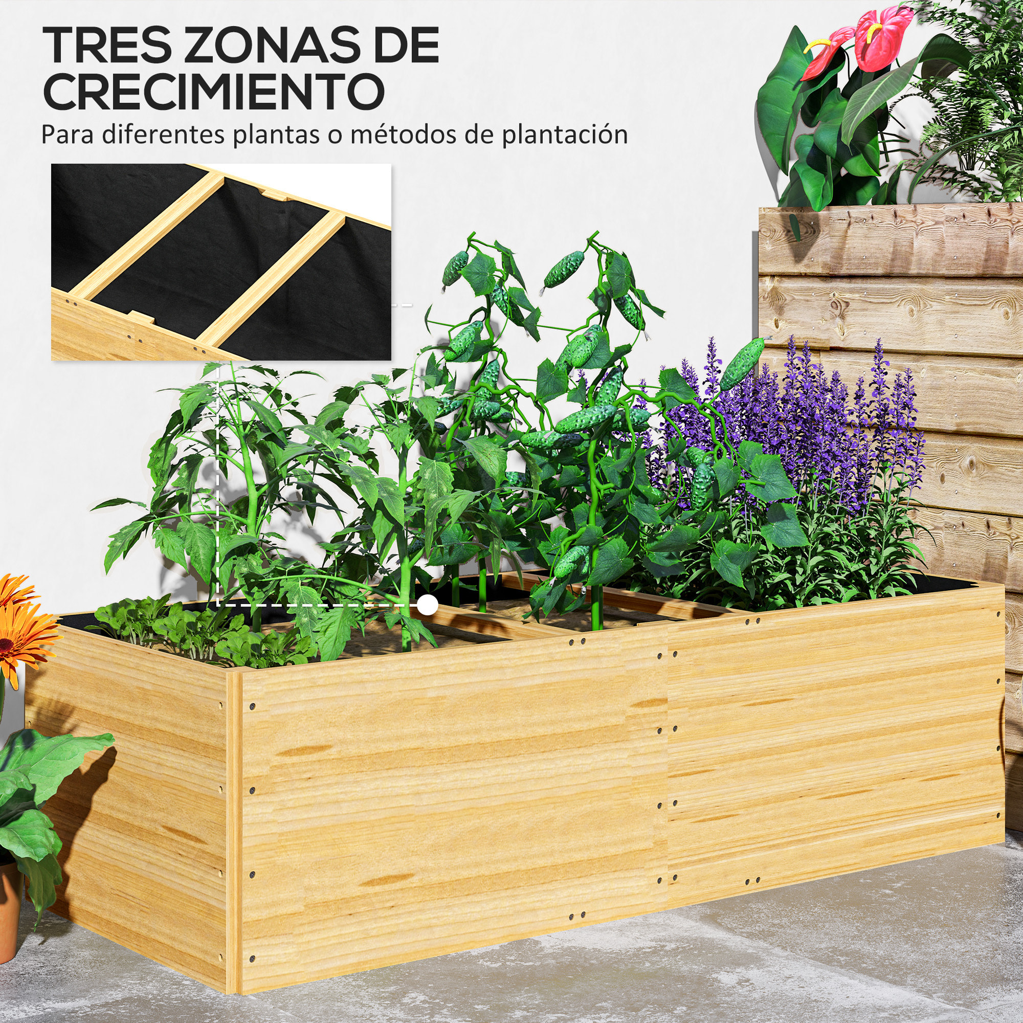 Jardinera de Madera Jardinera Exterior Grande con 3 Zonas de Cultivo y Forro Jardinera Rectangular para Jardín Balcón Terraza 140x60x40 cm Natural