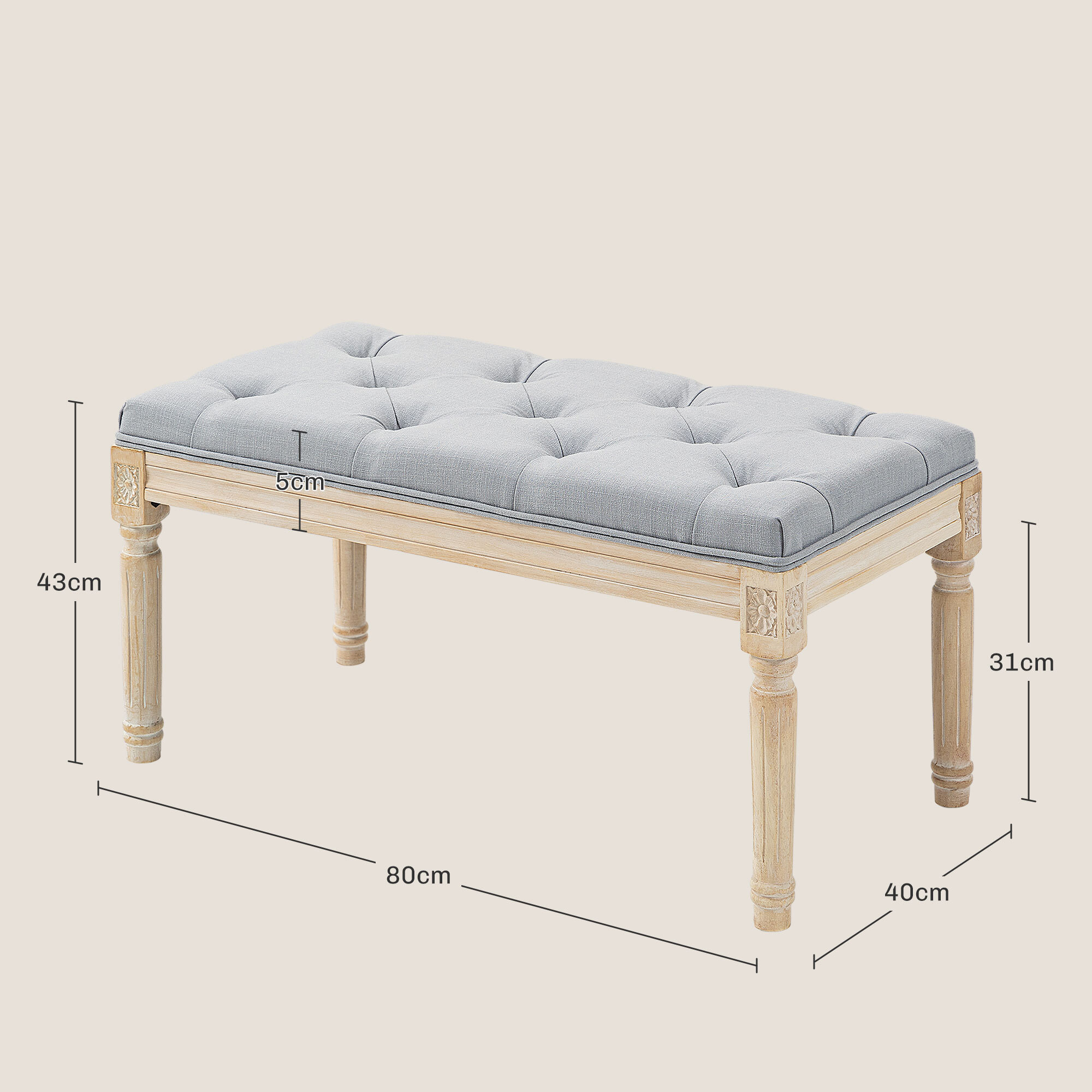 Banco Pie de Cama, Taburete Pie de Cama Tapizado en Lino Sintético con Patas de Madera y Asiento Acolchado, Estilo Vintage, Banco para Dormitorio, Entrada, Pasillo, Gris Claro