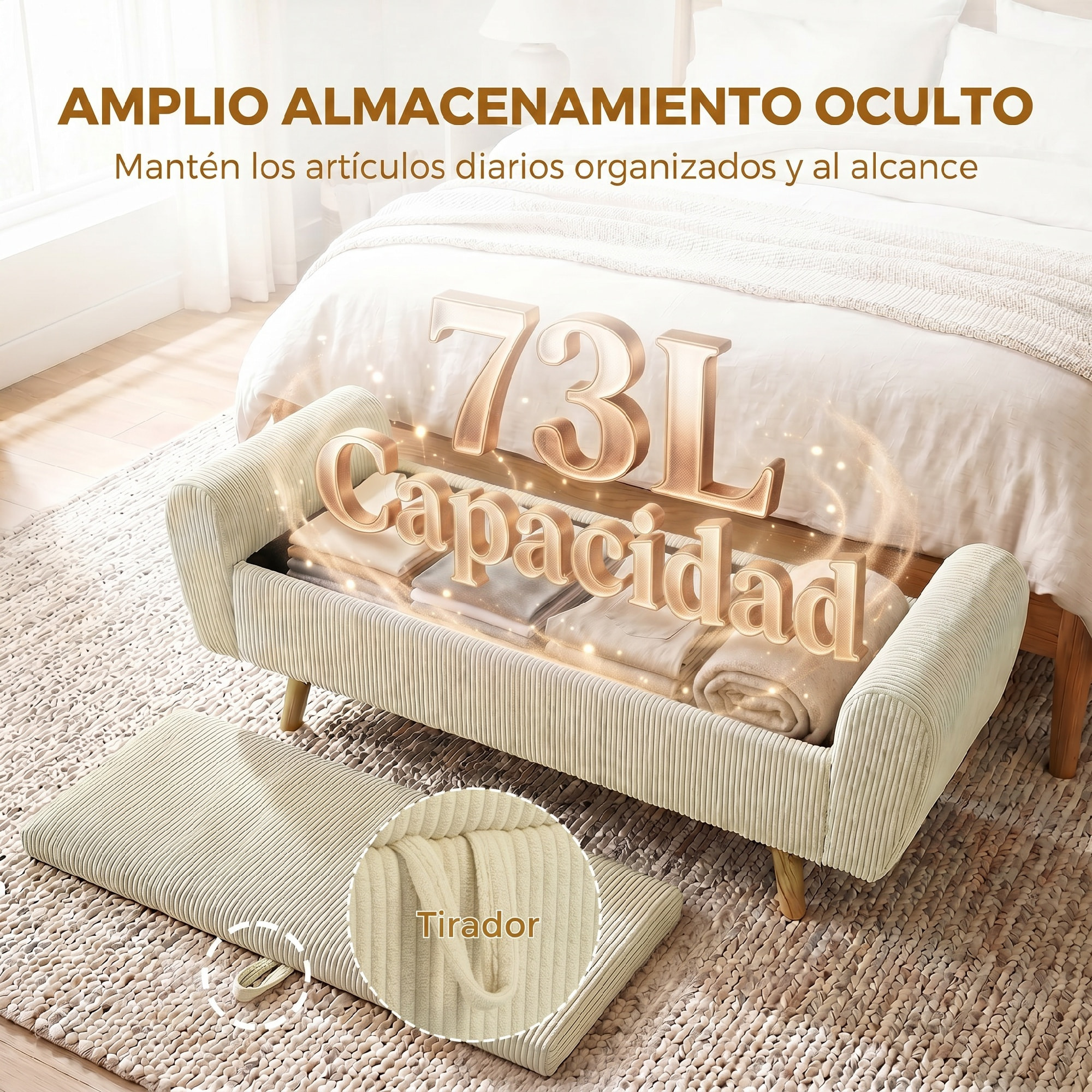 Banco Almacenaje 150 cm, Puff Almacenaje Tapizado en Pana, Banco Pie de Cama con Brazos Redondeados y Patas de Madera, Otomana para Dormitorio, Salón, Recibidor, Beige