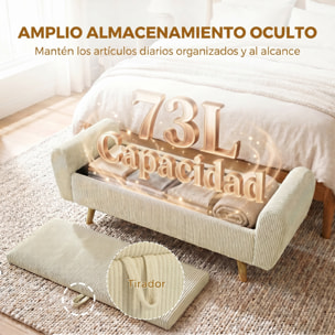 Banco Almacenaje 150 cm, Puff Almacenaje Tapizado en Pana, Banco Pie de Cama con Brazos Redondeados y Patas de Madera, Otomana para Dormitorio, Salón, Recibidor, Beige
