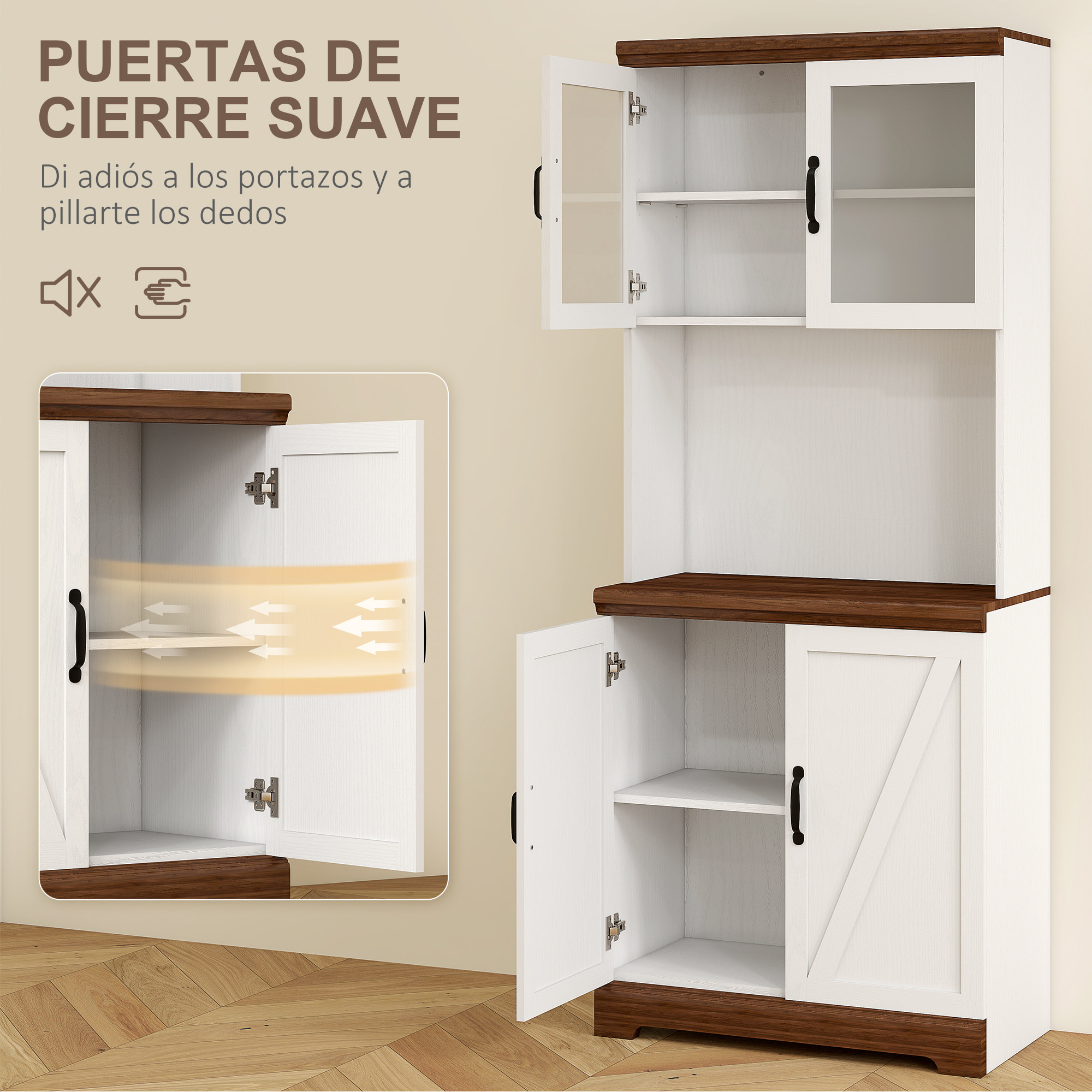 Alacena de Cocina Mueble Auxiliar de Cocina Aparador Alto con 2 Puertas de Vidrio Estantes Ajustables y Compartimentos Abiertos 72x40x178 cm Blanco