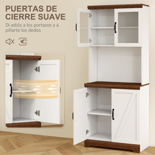 Alacena de Cocina Mueble Auxiliar de Cocina Aparador Alto con 2 Puertas de Vidrio Estantes Ajustables y Compartimentos Abiertos 72x40x178 cm Blanco
