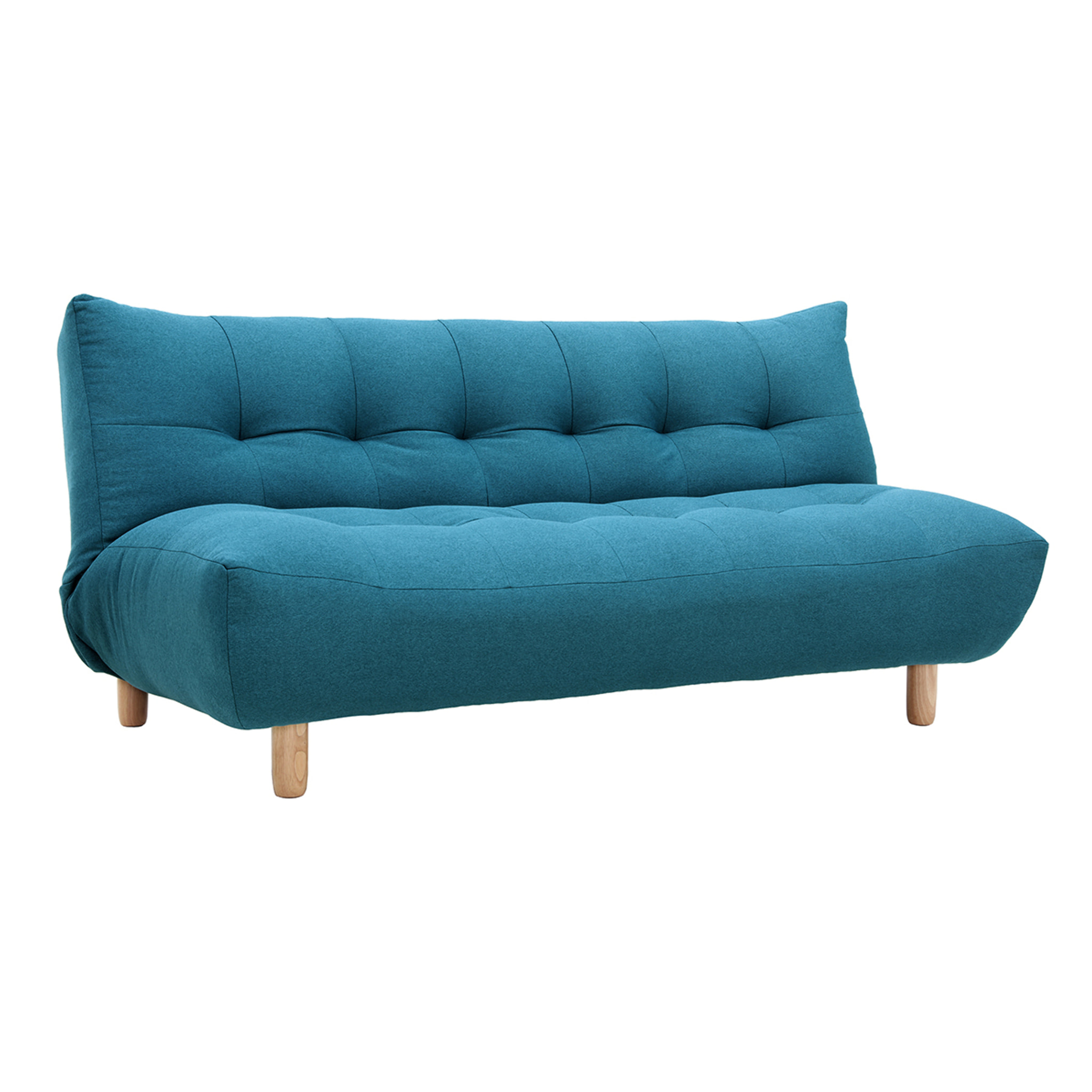 Canapé convertible scandinave 3 places en tissu bleu canard et bois clair YUMI