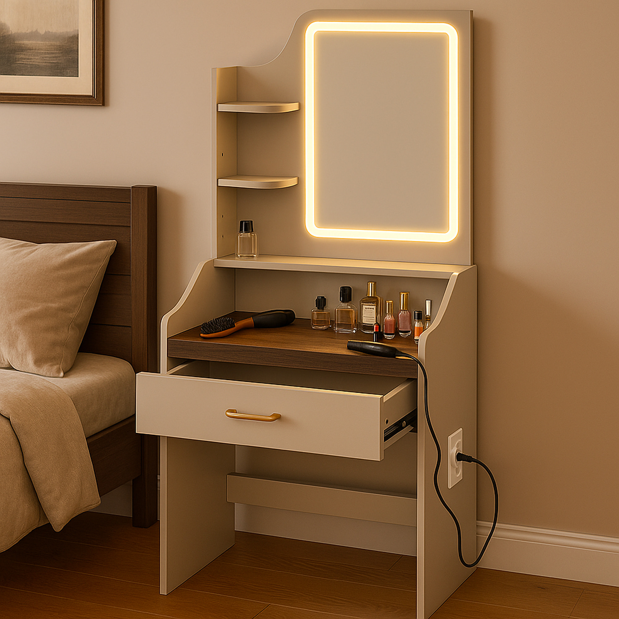 Afrodite - Toeletta Trucco con Luce LED Cassetto 3 Ripiani e Prese Postazione Make Up in Legno Tortora