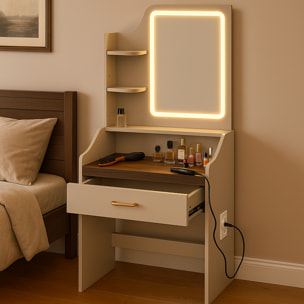 Afrodite - Toeletta Trucco con Luce LED Cassetto 3 Ripiani e Prese Postazione Make Up in Legno Tortora