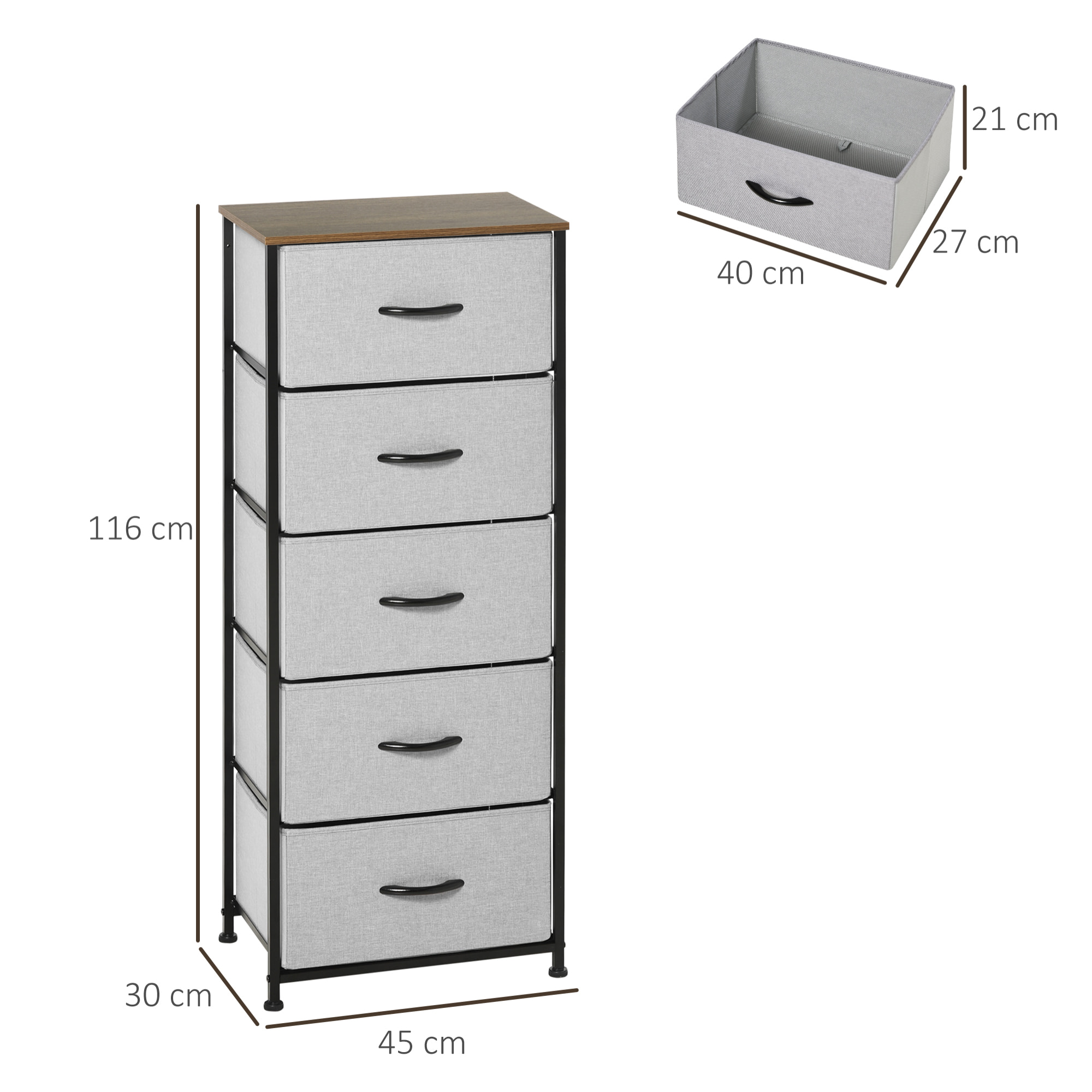 Chiffonnier meuble de rangement 5 tiroirs - dim. 45L x 30l x 116H cm - structure acier noir tissu pliant gris