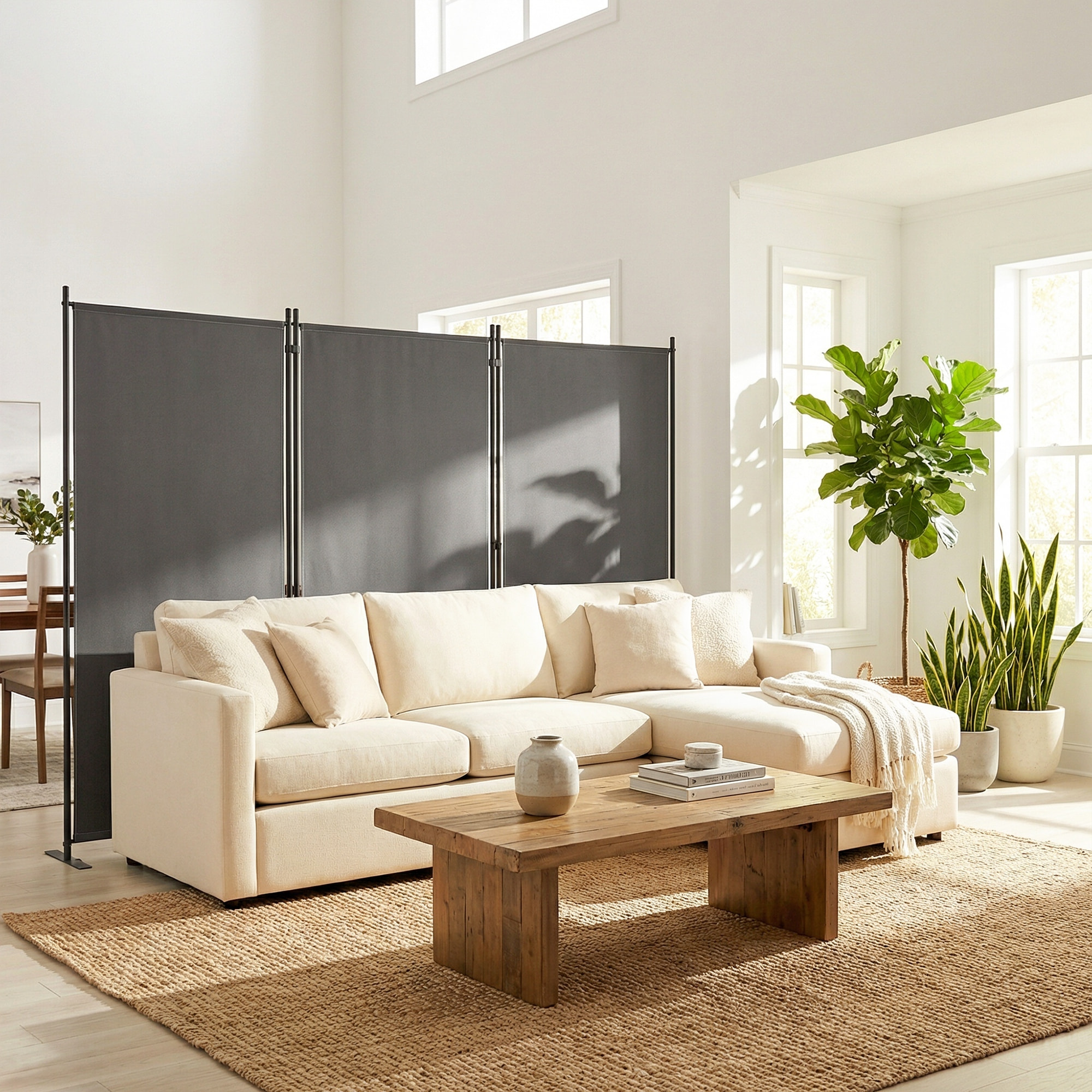 Paravent 260x180cm séparateur de pièce brise vue autoportant métal polyester gris