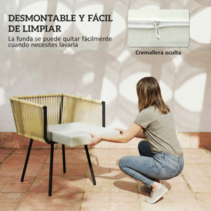 Conjunto de Mesa y Sillas Jardín de Ratán de 5 Piezas, Muebles Jardín Exterior con Mesa de Plástico-Madera y 4 Sillas con Cojines Extraíbles, Marco de Metal Resistente para Terraza, Beige