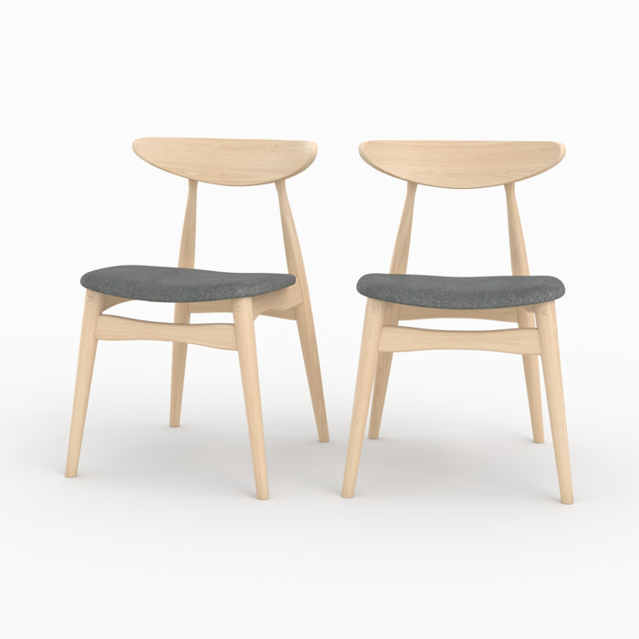 Lot de 2 chaises en tissu gris et bois d'hévéa - Josette