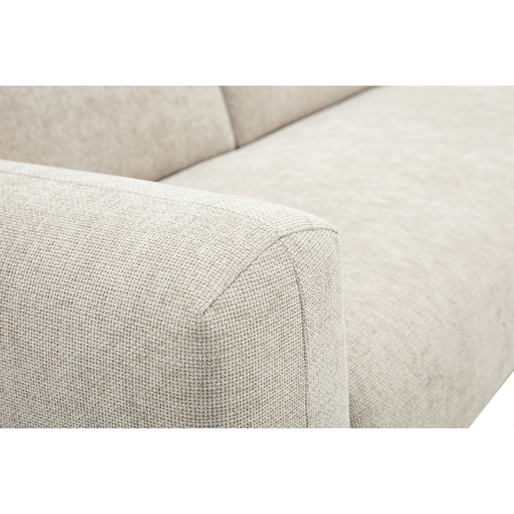 Canapé d'angle droit 3 places avec têtières ajustables en tissu effet velours texturé beige et bois clair HORACIO