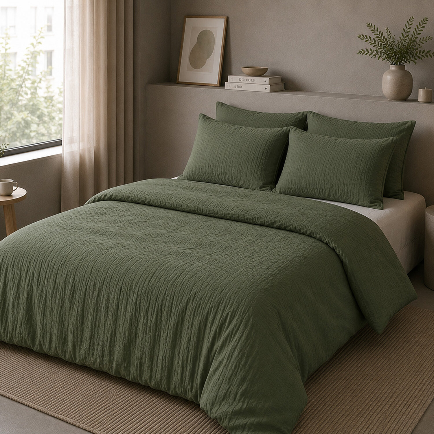 Drap housse gaze de coton lavé vert cèdre