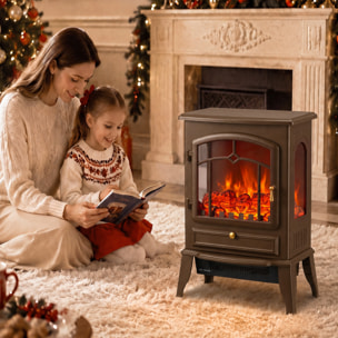 Chimenea Eléctrica de Pie, 1000W/2000W, Chimenea Eléctrica Decorativa con Efecto Llama 3D, Brillo Ajustable, Termostato y Protección contra Sobrecalentamiento, para 30㎡, Marrón
